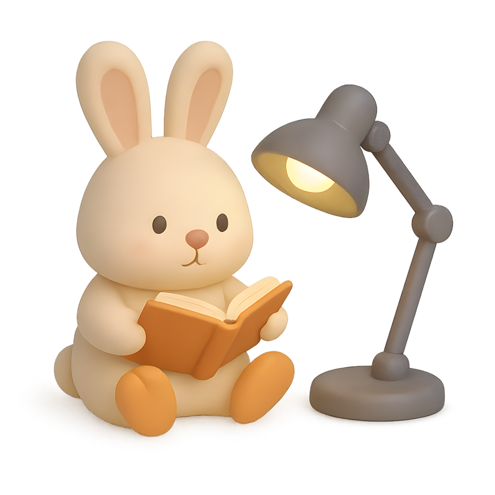 Cute 3d render of a bunny reading under a lamp transparent background whimsical environment cozy viewpoint png