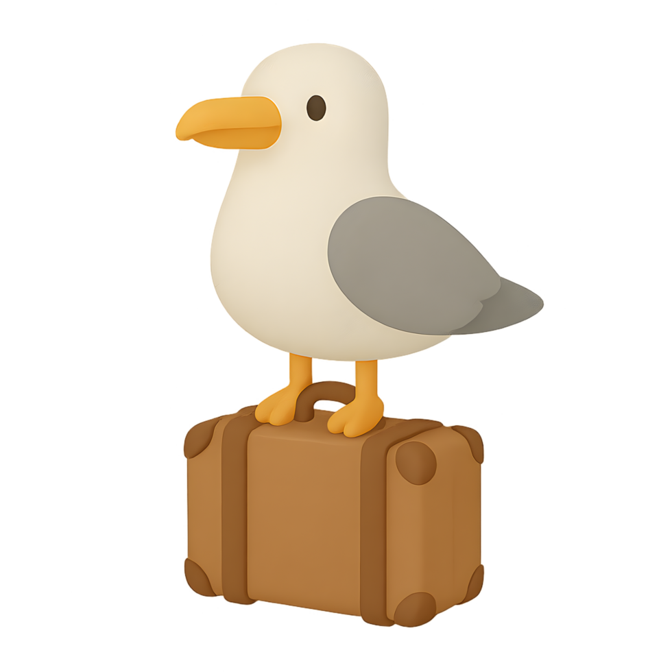 3d render of a seagull on a suitcase transparent background travel theme playful design png