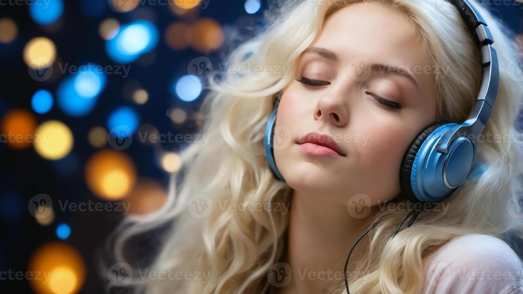 A beautiful blonde woman with headphones on her head photo