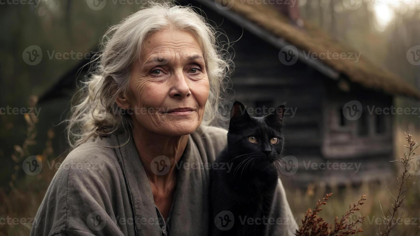 An older woman with a black cat in front of a cabin photo