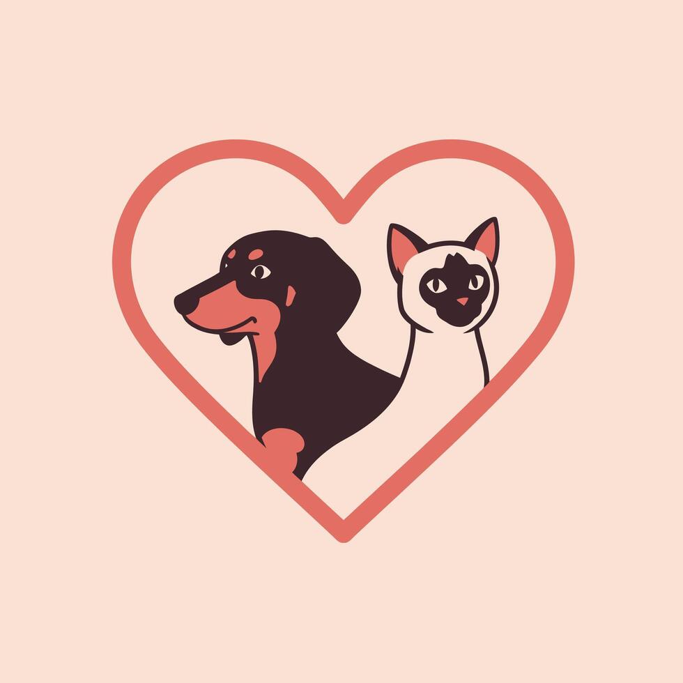 Dog and cat inside a heart logo design vector