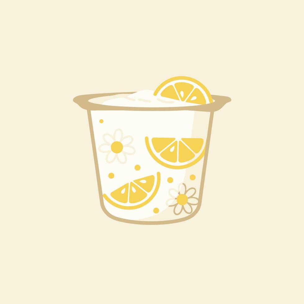 Cup of yogurt with lemon slices and flowers logo design vector