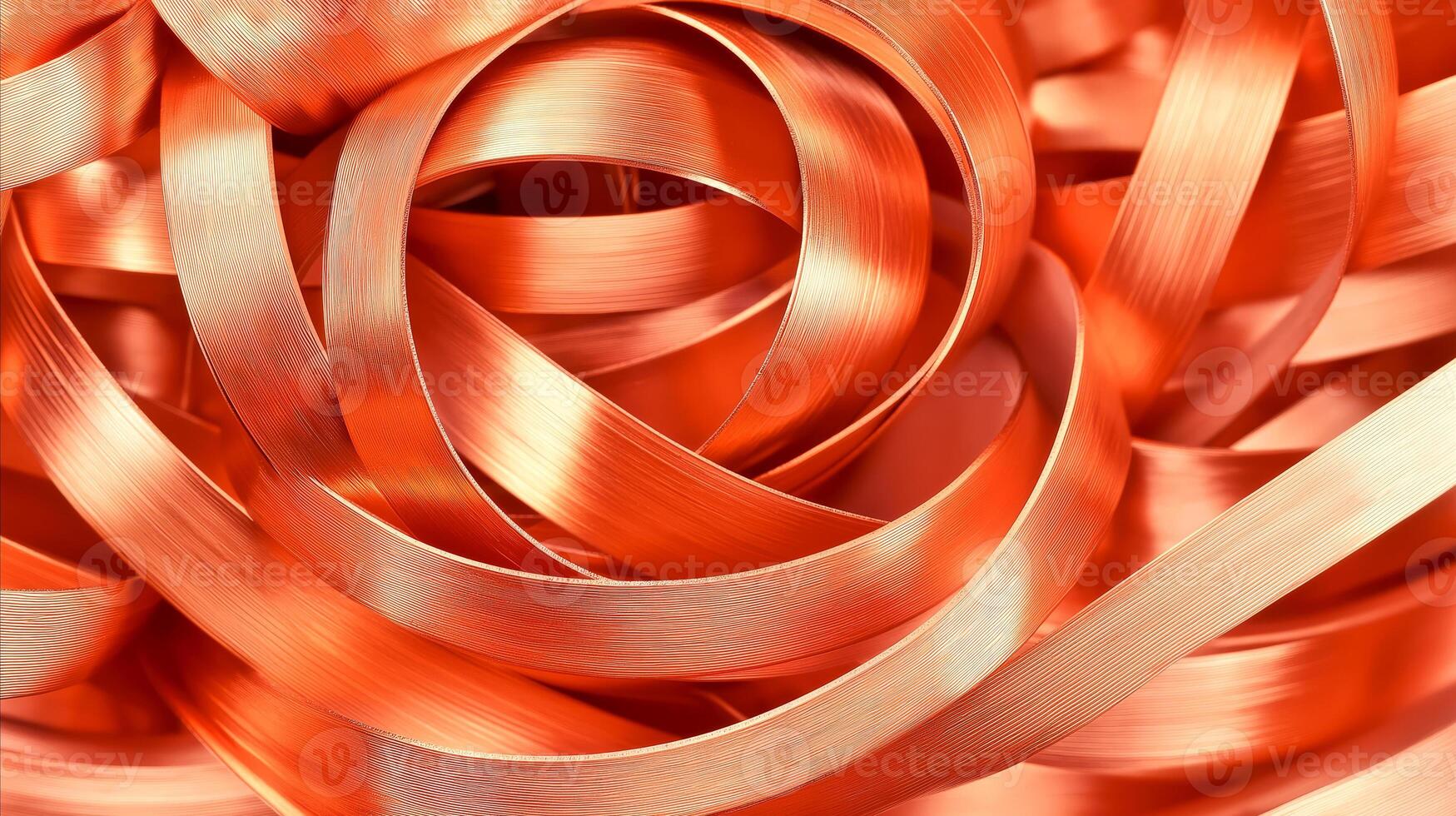 Pile of scrap copper strips, close up shot of copper shavings. Ideal for use in contexts related to raw material sourcing, industrial recycling, manufacturing, and sustainable metal reuse photo