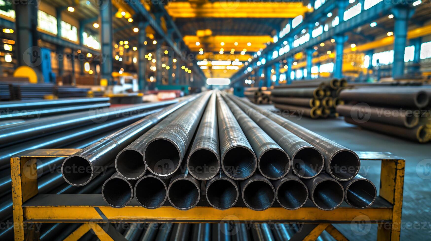 Industrial warehouse with neatly stacked bundle of metal pipes on rack, background reveals spacious, modern manufacturing facility. Ideal for heavy industry, metallurgy, production photo