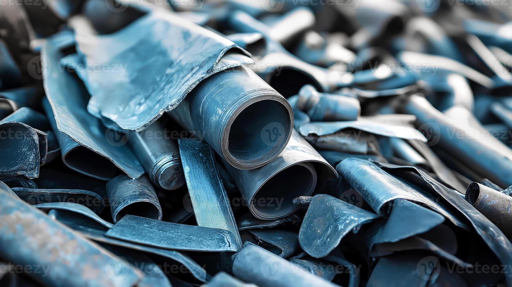 Pile of scrap lead, including rolled sheets, flattened tubes, and industrial offcuts. Concept of recycling, raw materials, heavy metals, environmental impact, and manufacturing waste photo