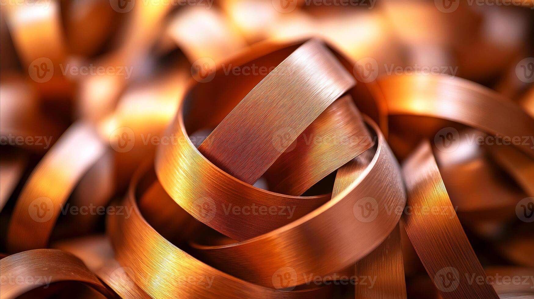 Scrap of bronze strips with brushed texture and warm metallic shine. Close-up view of bronze shavings. Ideal for concept of recycling, metallurgy, raw materials, metalworking, industrial photo