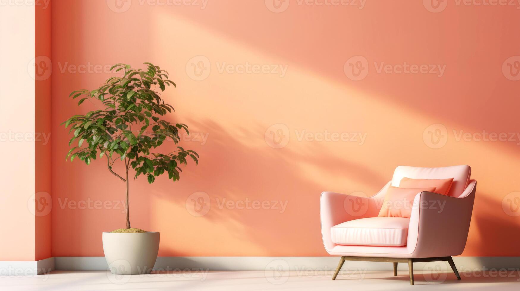 Minimalist interior design with soft apricot color palette and modern blush pink armchair with accent pillows and a lush green potted plant, ideal for relaxation and mindfulness in serene photo