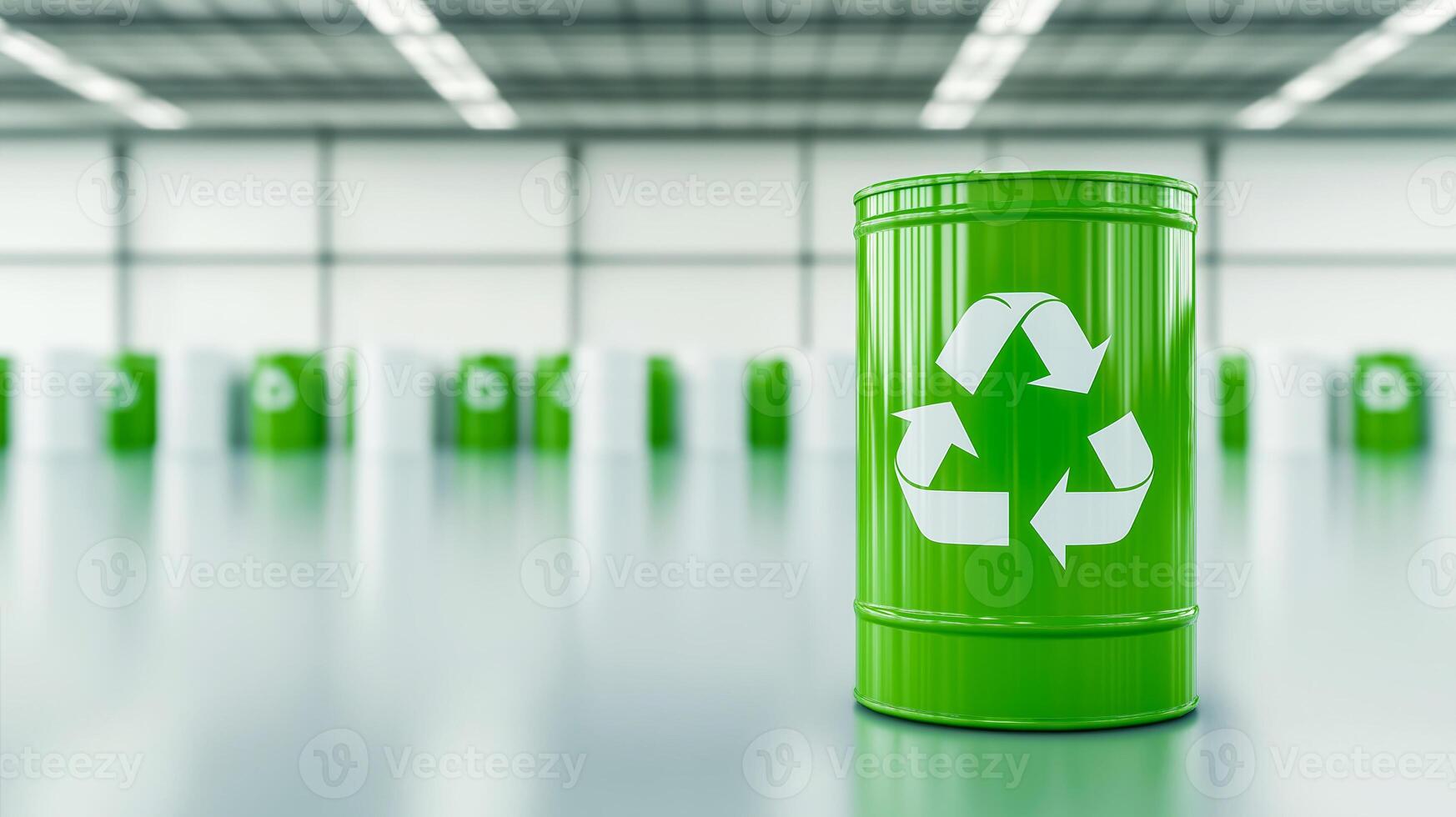 Green metal barrel with white recycling symbol stands prominently in blurred background, spacious industrial warehouse. Concept of ecology, waste management, environmental responsibility photo
