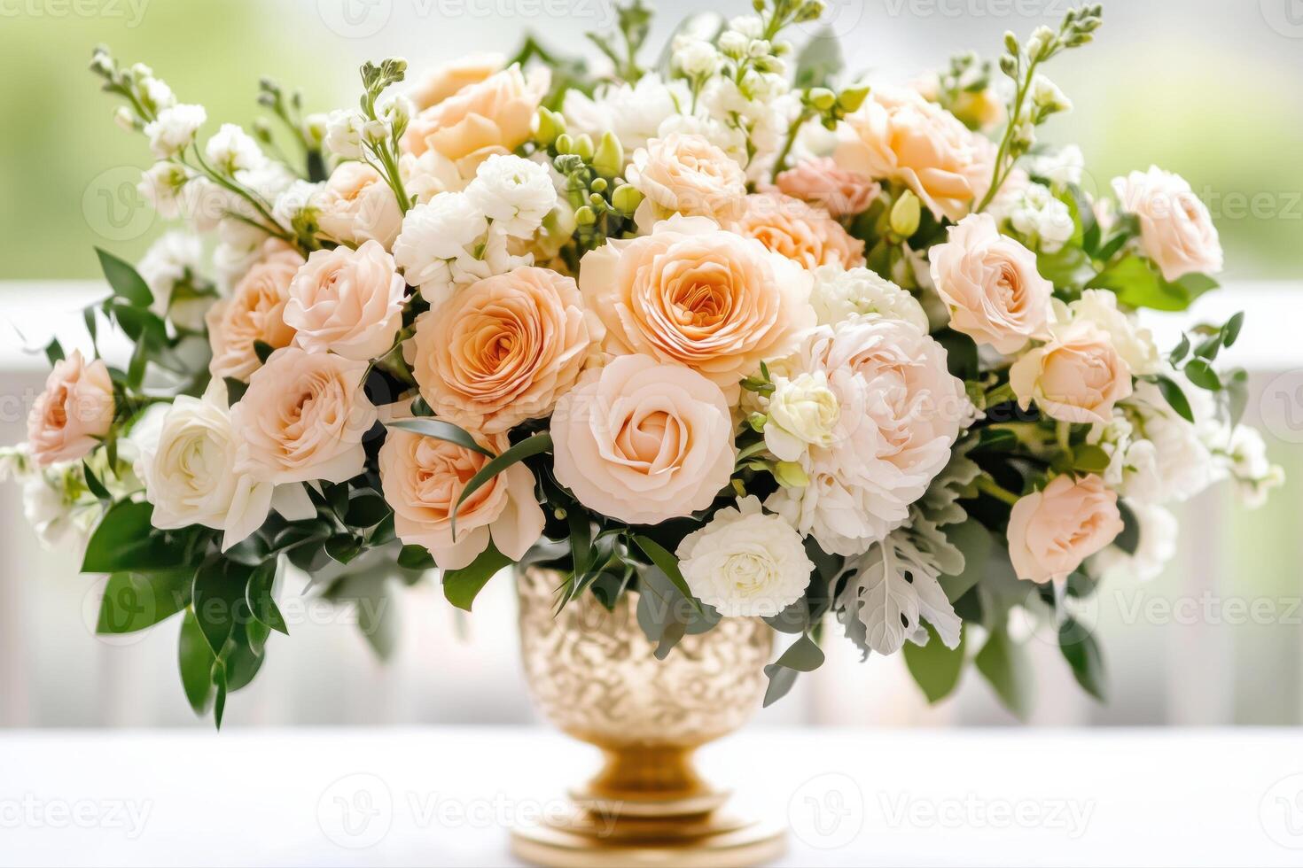 Elegant floral arrangement featuring soft pink and white blooms in a vintage vase photo