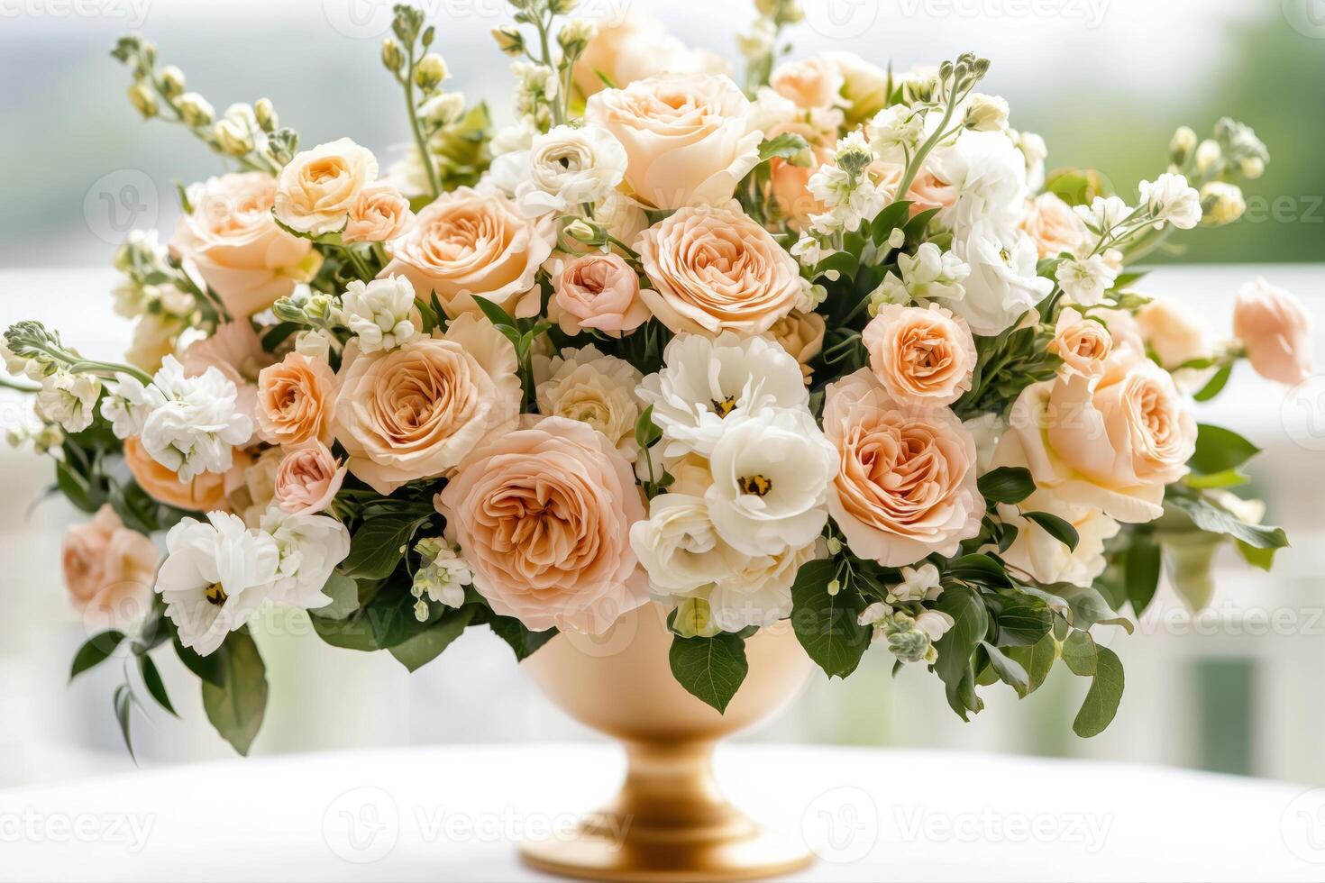 Luxurious floral arrangement with delicate pink and white flowers in a gold vase photo