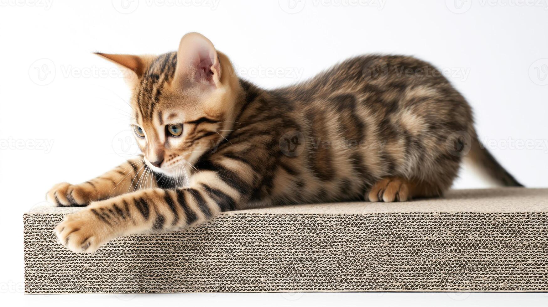 An adorable orange Bengal kitten lying on a flat cardboard scratching pad photo