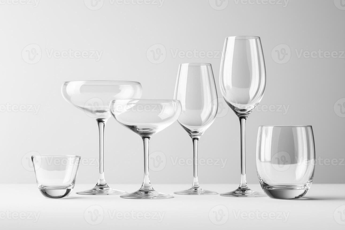 A set og glasses for various drinks on a gray background photo