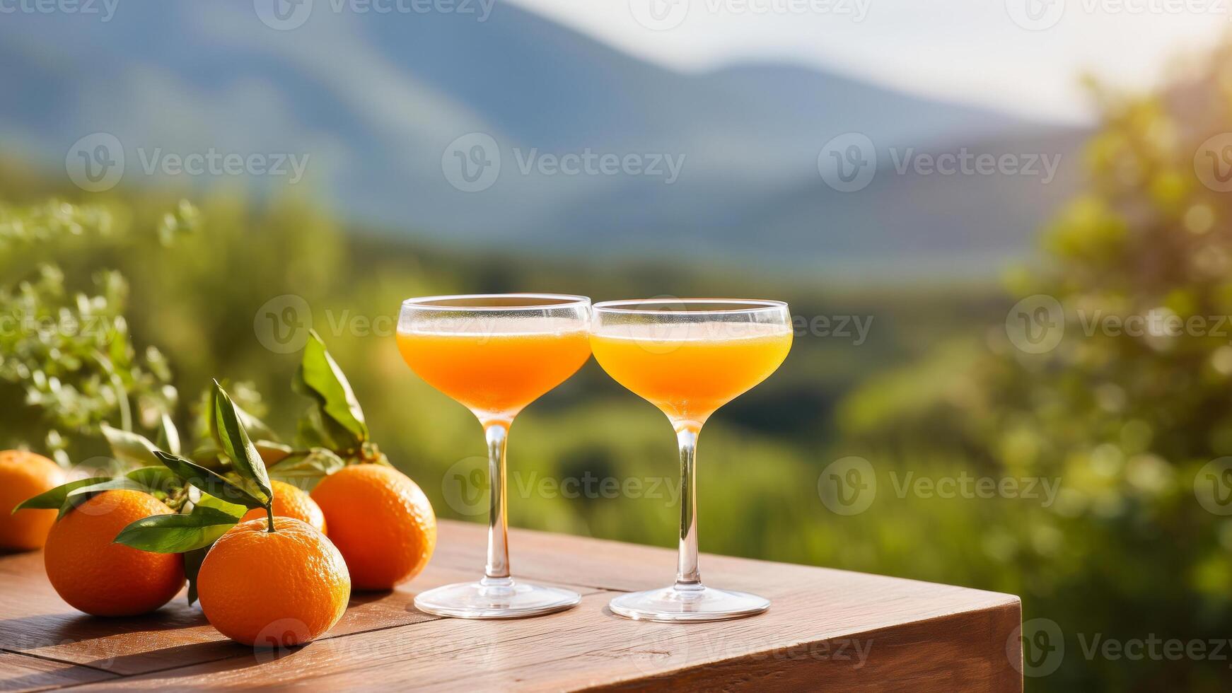 Two glasses with orange drink on a wooden table, illuminated by warm sunlight with oranges and green foliage in the blurred background photo