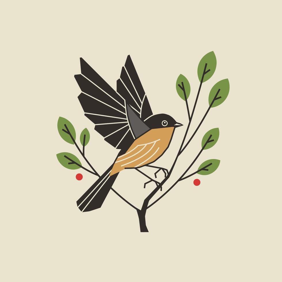 Bird sitting on a branch with leaves logo design vector