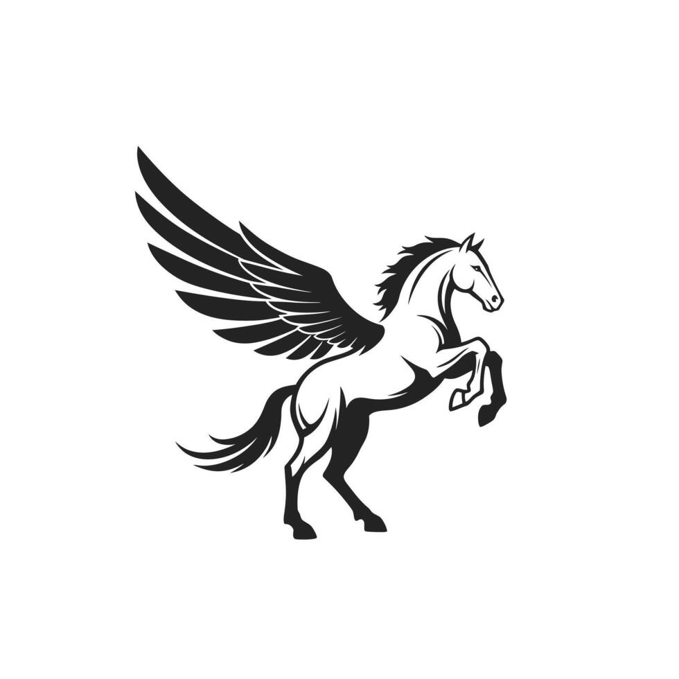 Black and white horse with wings logo design vector