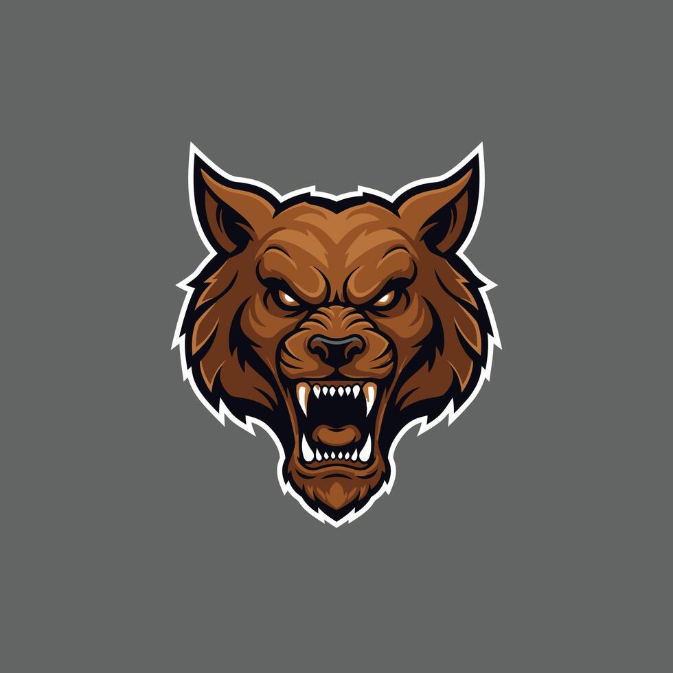 Brown wolf head logo design on a grey background vector