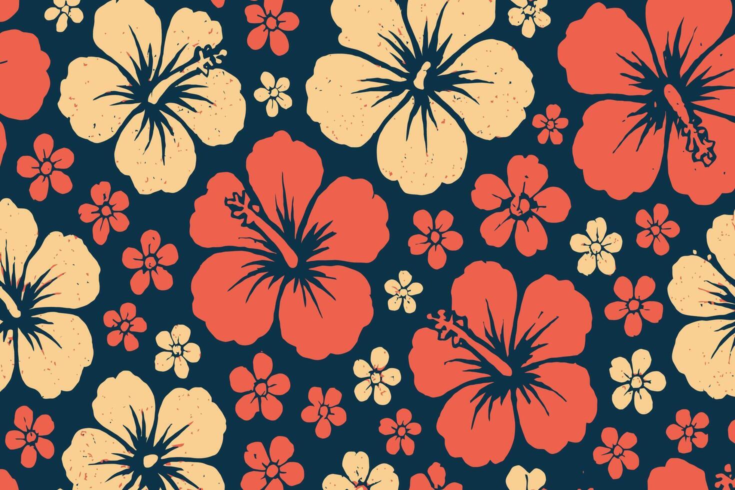 Vintage Hawaiian Hibiscus Floral Seamless Pattern on Navy Blue Background vector