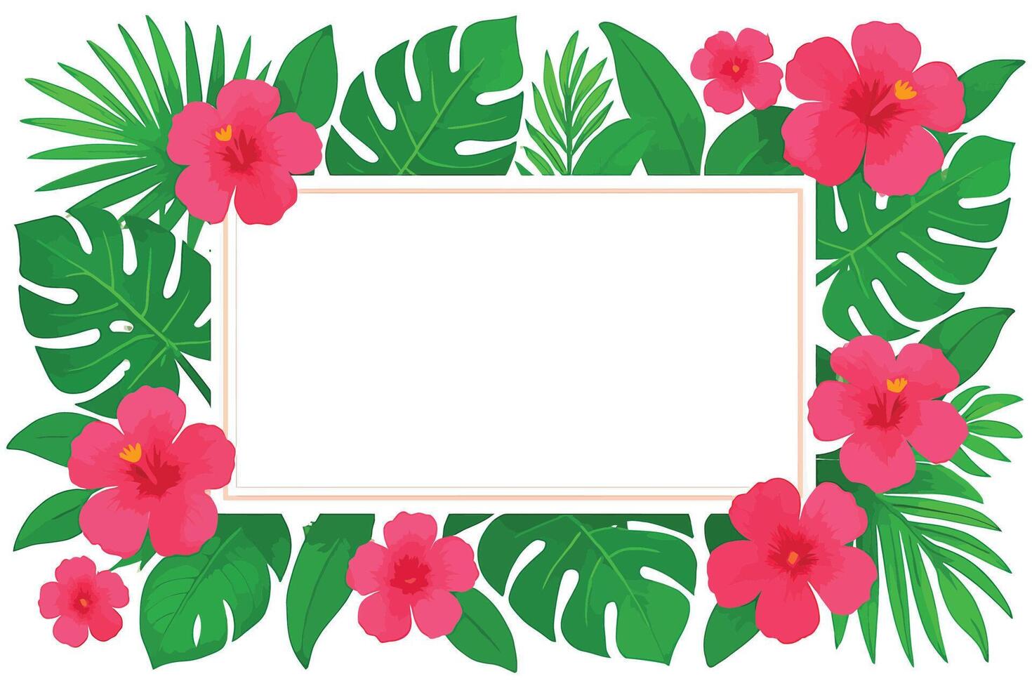 ropical Floral Frame with Pink Hibiscus Flowers and Green Leaves With Copy Space for Customized Text vector