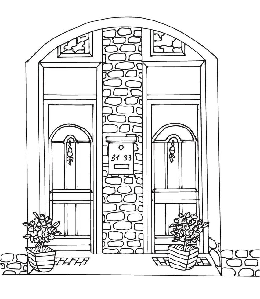 Illustration of a house facade in a hand-drawn style on a white background. vector