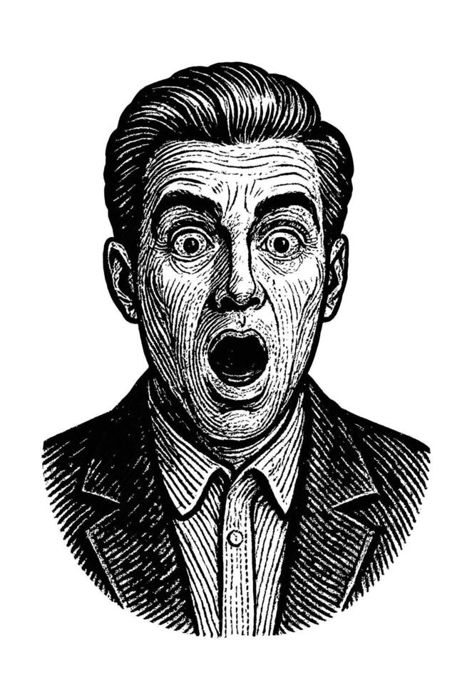 Shocked Man Portrait in Vintage Engraving Style Illustration vector