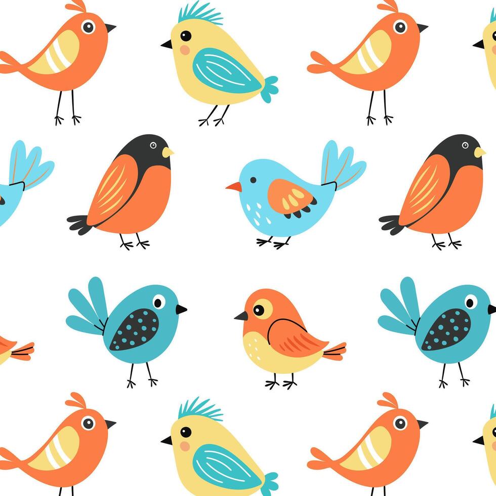 Seamless pattern with cute colorful birds in flat cartoon style on white background. Perfect for childrens designs, textiles, wrapping paper, wallpaper, and playful decorative projects. vector