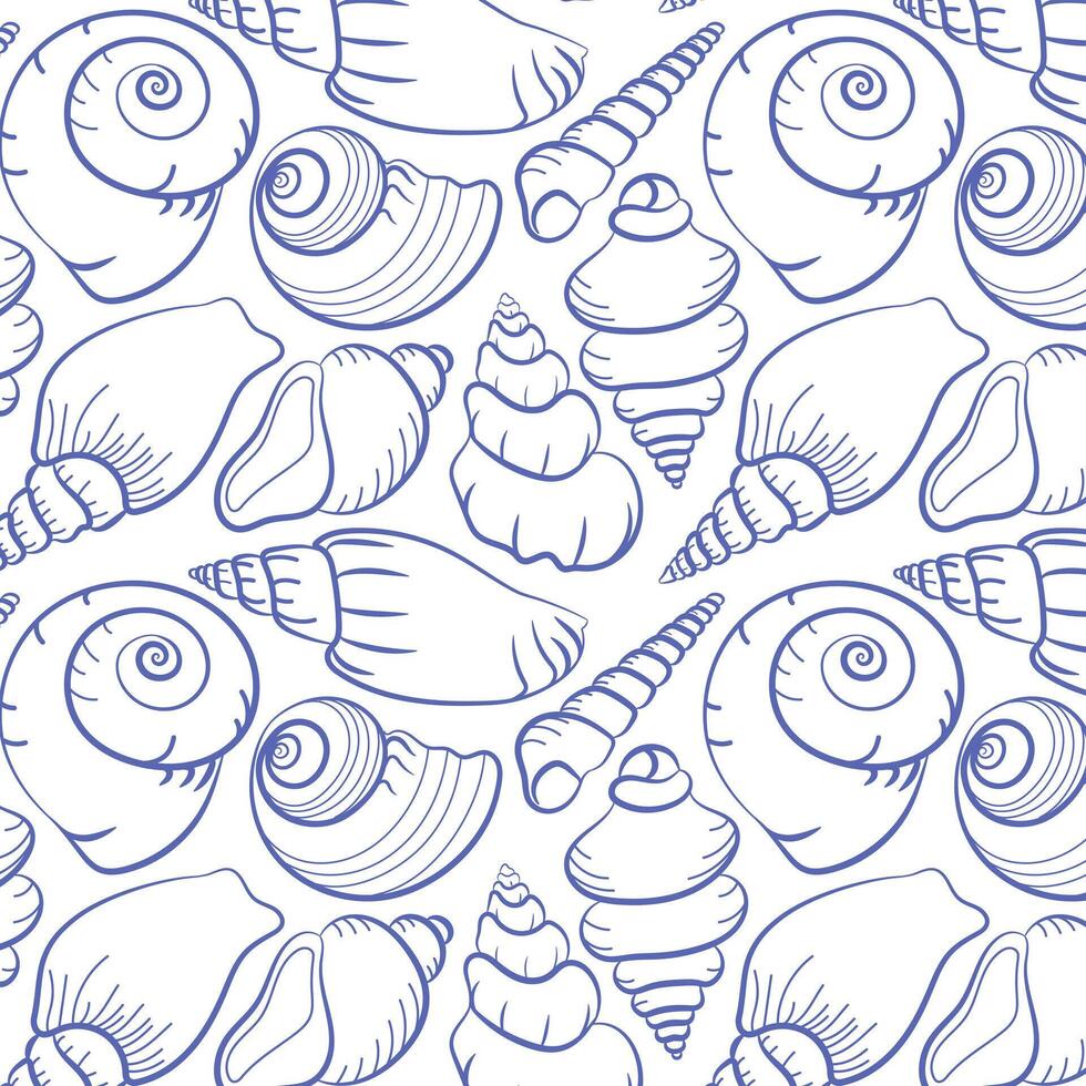 Seamless pattern with hand drawn doodle seashells in outline style. Nautical ocean background perfect for packaging, textile design, wallpapers, and summer-themed projects. vector
