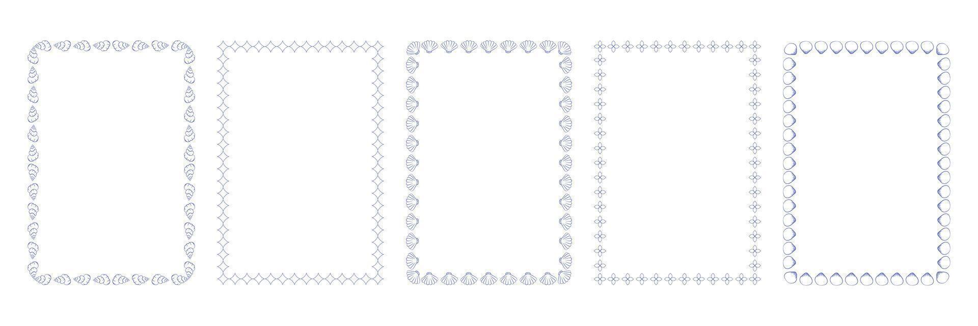 Set of hand drawn Mediterranean-style decorative frames with seashell and marine motifs. Minimalist linear borders perfect for cards, invitations, scrapbooking, branding, and packaging design. vector