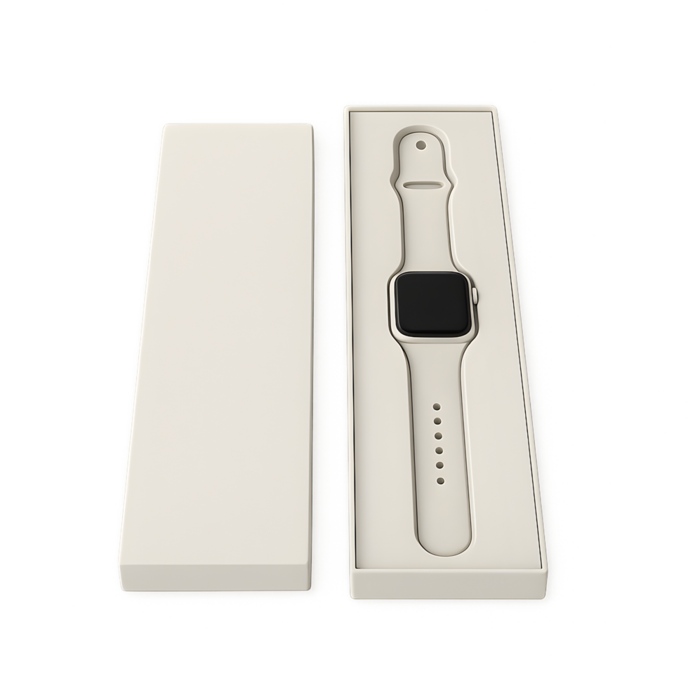 Transparent smartwatch box set displayed on minimal background elegant environment top-down viewpoint png