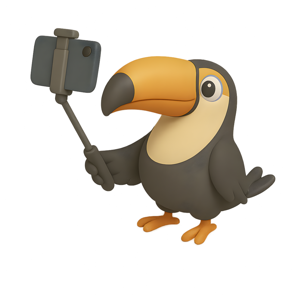 Toucan taking selfie with stick transparent background playful environment nature concept for fun photography png