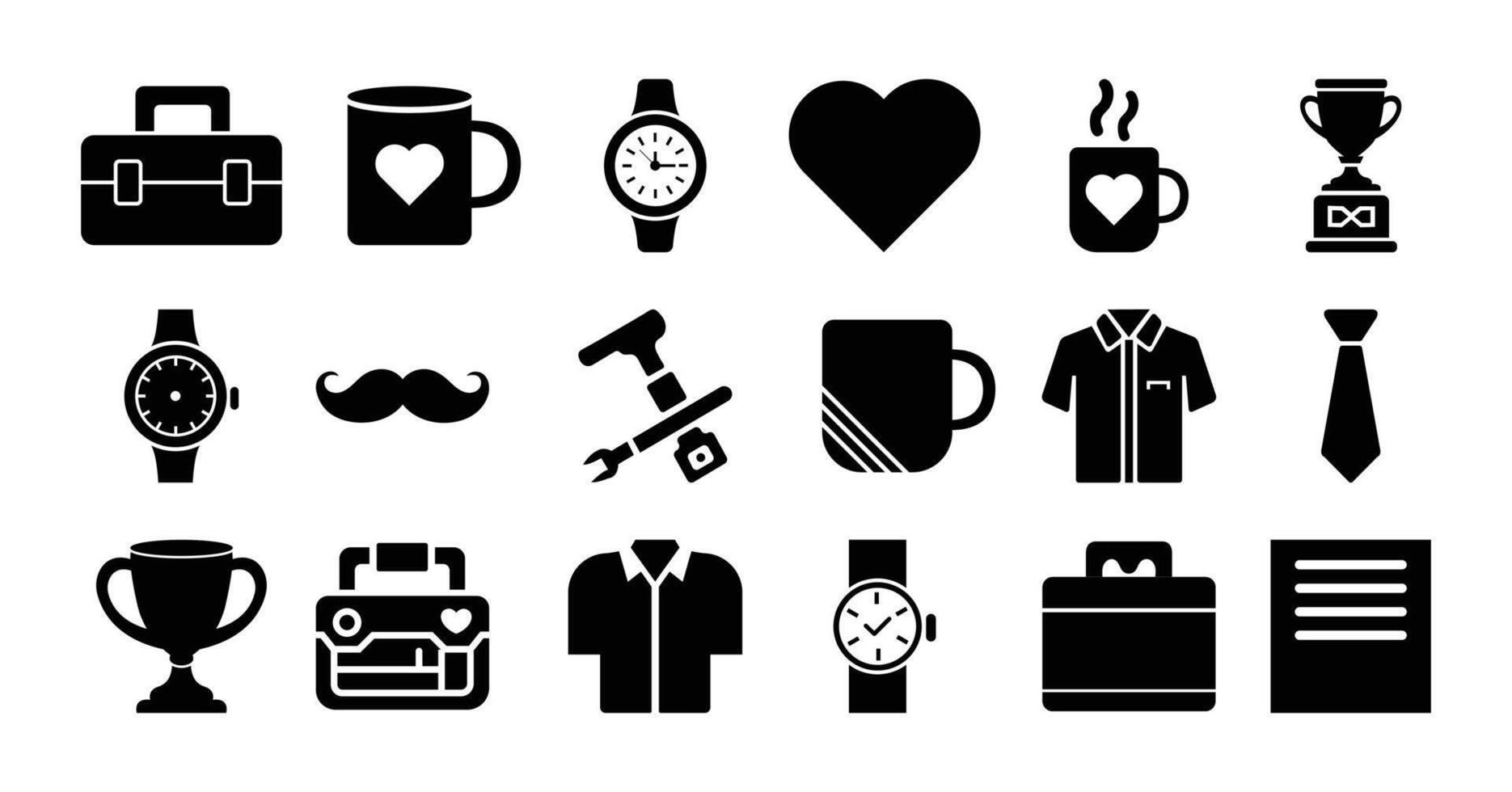 Father's Day icon set with watch mug shirt trophy tie toolbox and heart symbols perfect for dad appreciation gift design greeting cards and celebration visuals vector