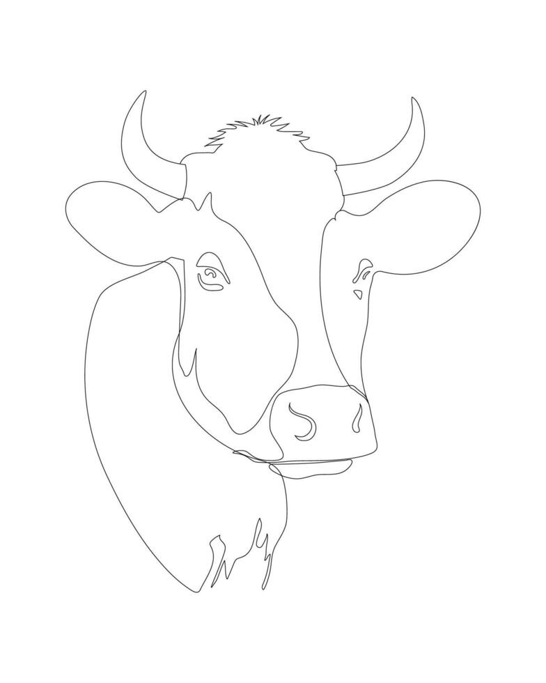 Minimalist continuous line art drawing of a cow head with horns front view sketch outline farm animal illustration isolated on white background vector