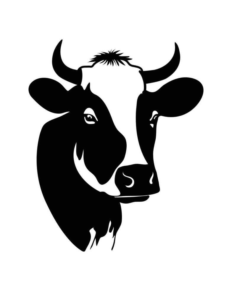 Black and white cow head silhouette front view simple design for farm logo dairy product packaging or animal illustration isolated on white background vector