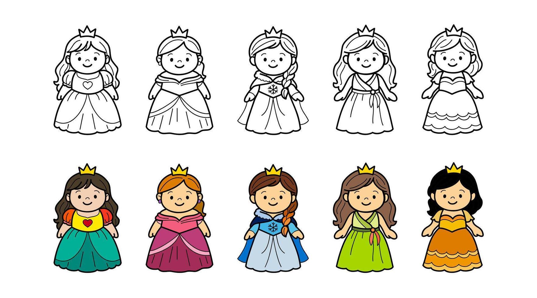 Cute princess characters in fancy dress collection, kawaii princess dress-up illustration set, line art and color version. vector