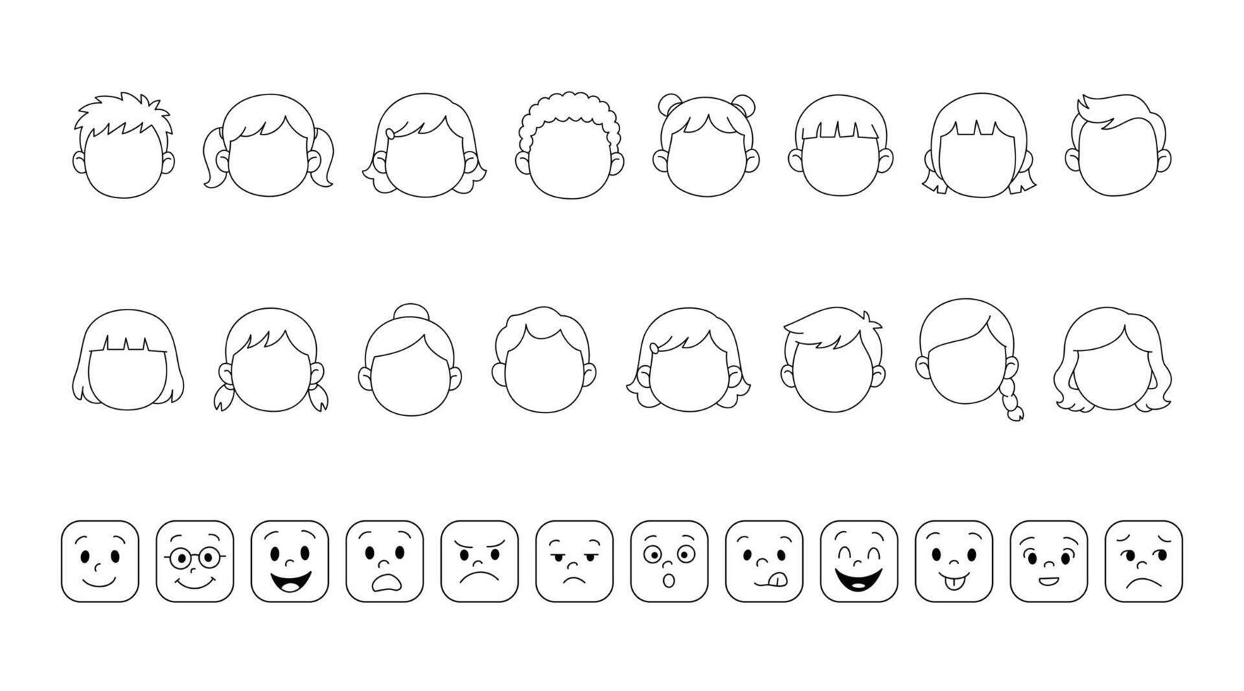 Kid face templates and cartoon emotions set, mix and match cartoon character faces and feelings, simple doodle line art style. vector