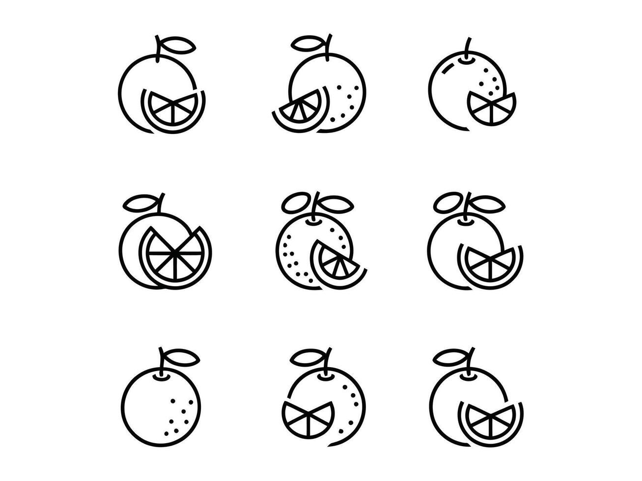 Nine simple line art illustrations of oranges and orange slices. vector