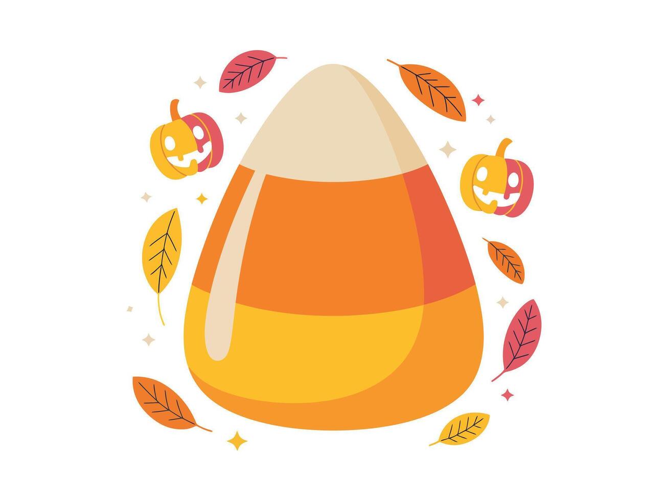 Adorable Halloween Candy Corn Surrounded by Autumn Leaves and Pumpkins vector