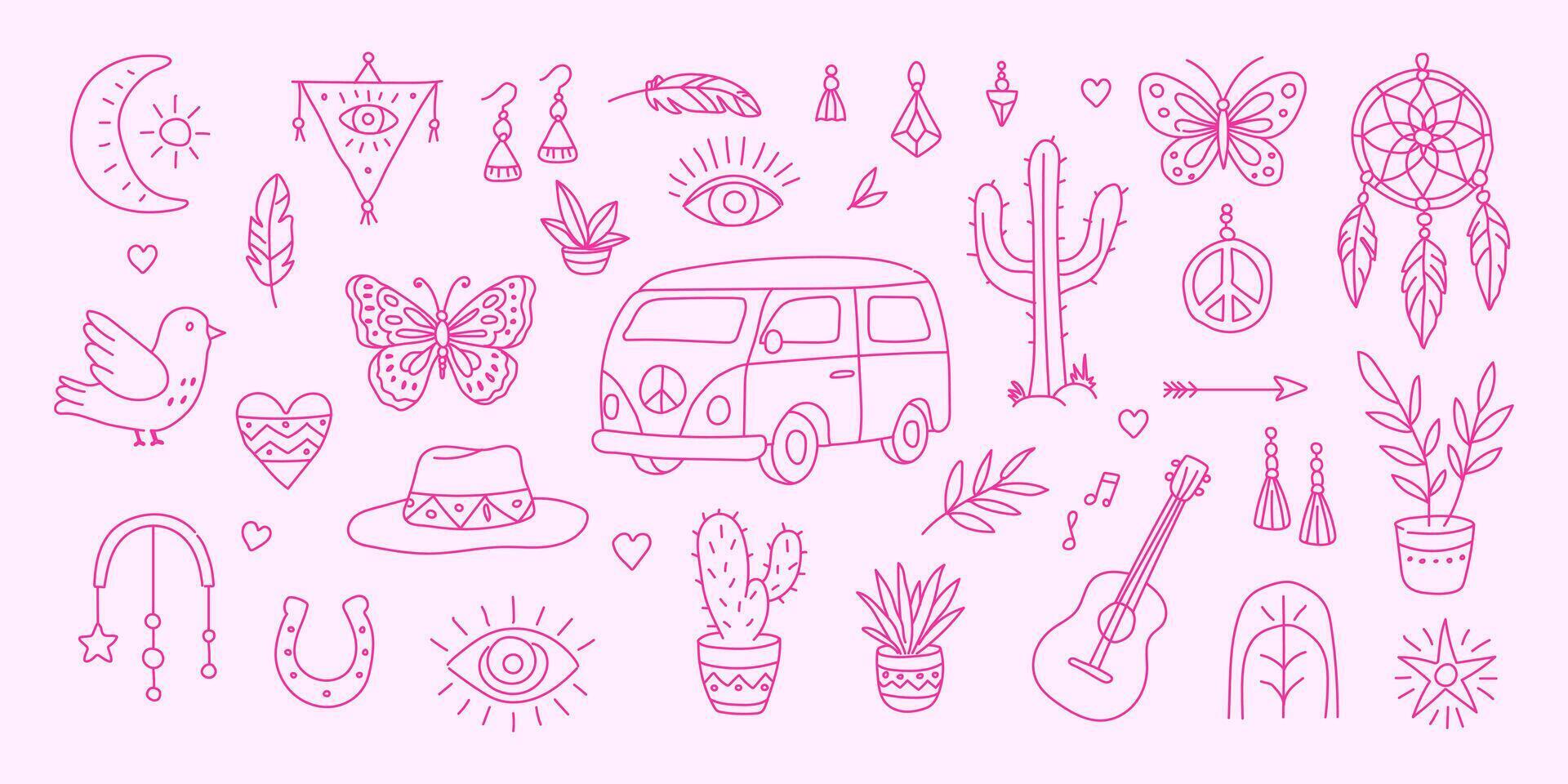 A pink background with a variety of symbols and drawings, including a van, a guitar, a butterfly, a bird vector
