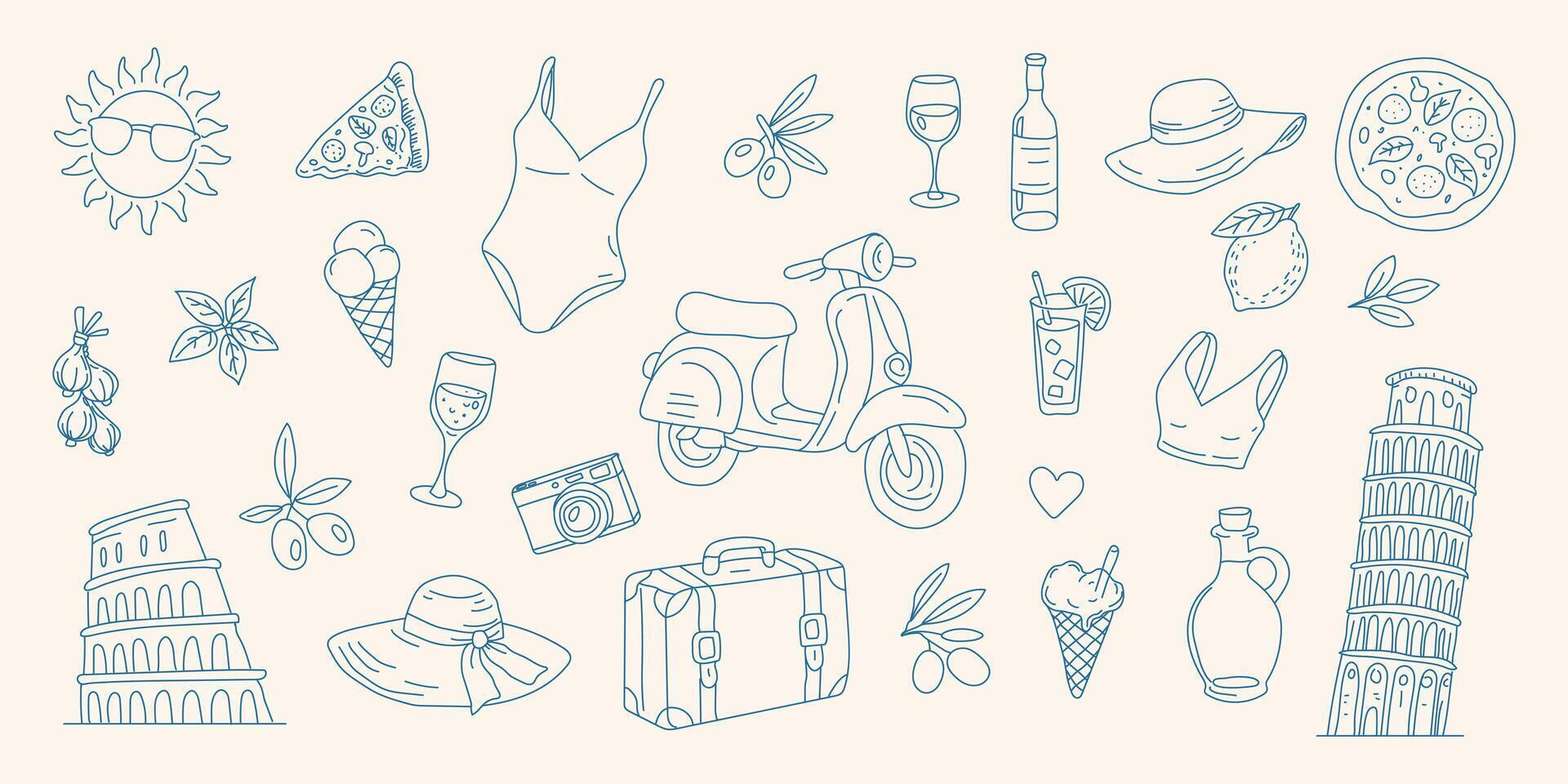 A blue and white drawing of various items including a scooter, a bottle of wine, a pizza, a hat, a suitcase, and a bottle of water vector