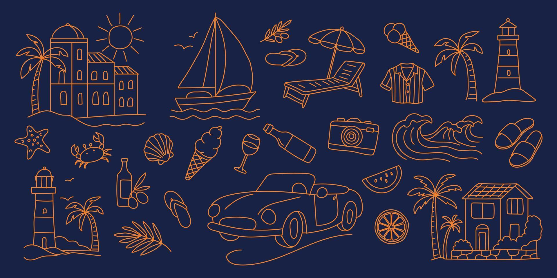 Coastal set, a blue background with a variety of drawings of things like a car, a boat, a house, and a palm tree vector