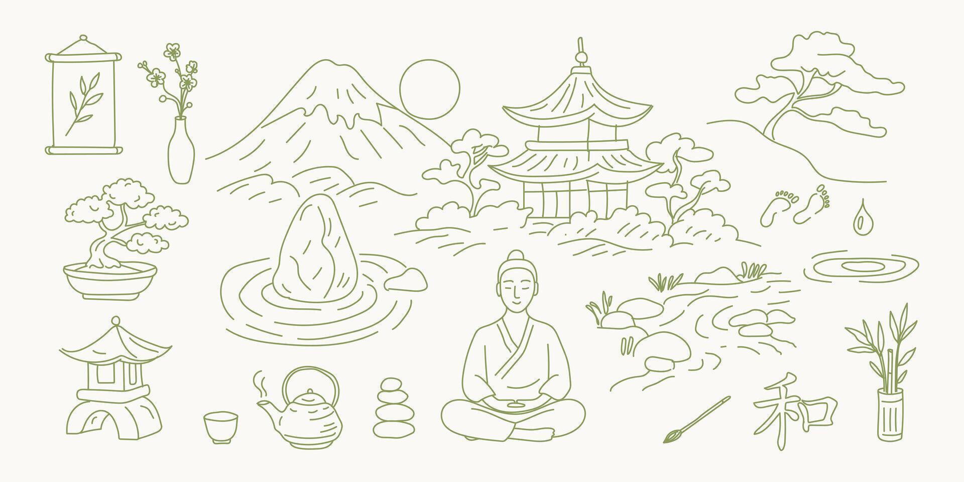 A drawing of a man sitting in a lotus position with a tea kettle and a vase in front of him vector