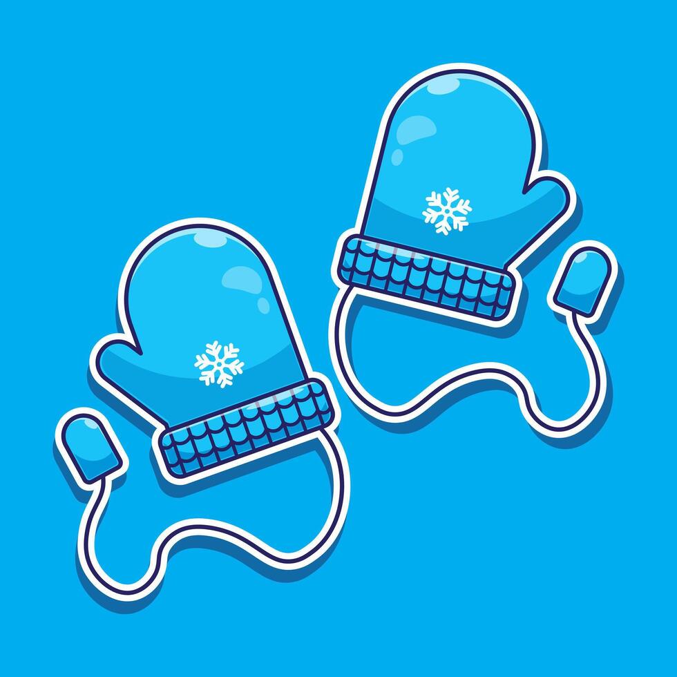 Draw cartoon sticker of Blue mittens or winter gloves illustration with cute snowflakes on top vector