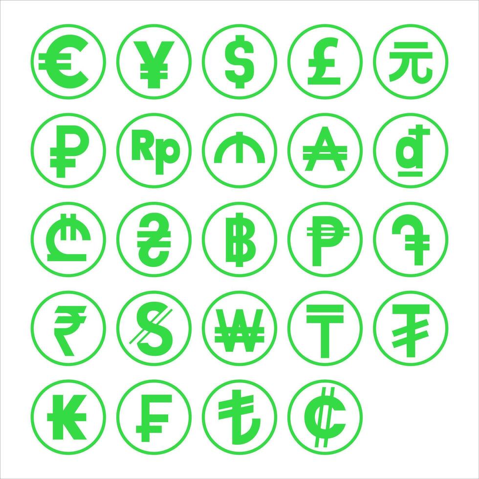 Draw collection of green currency symbols set with simple concept design isolated on white background vector