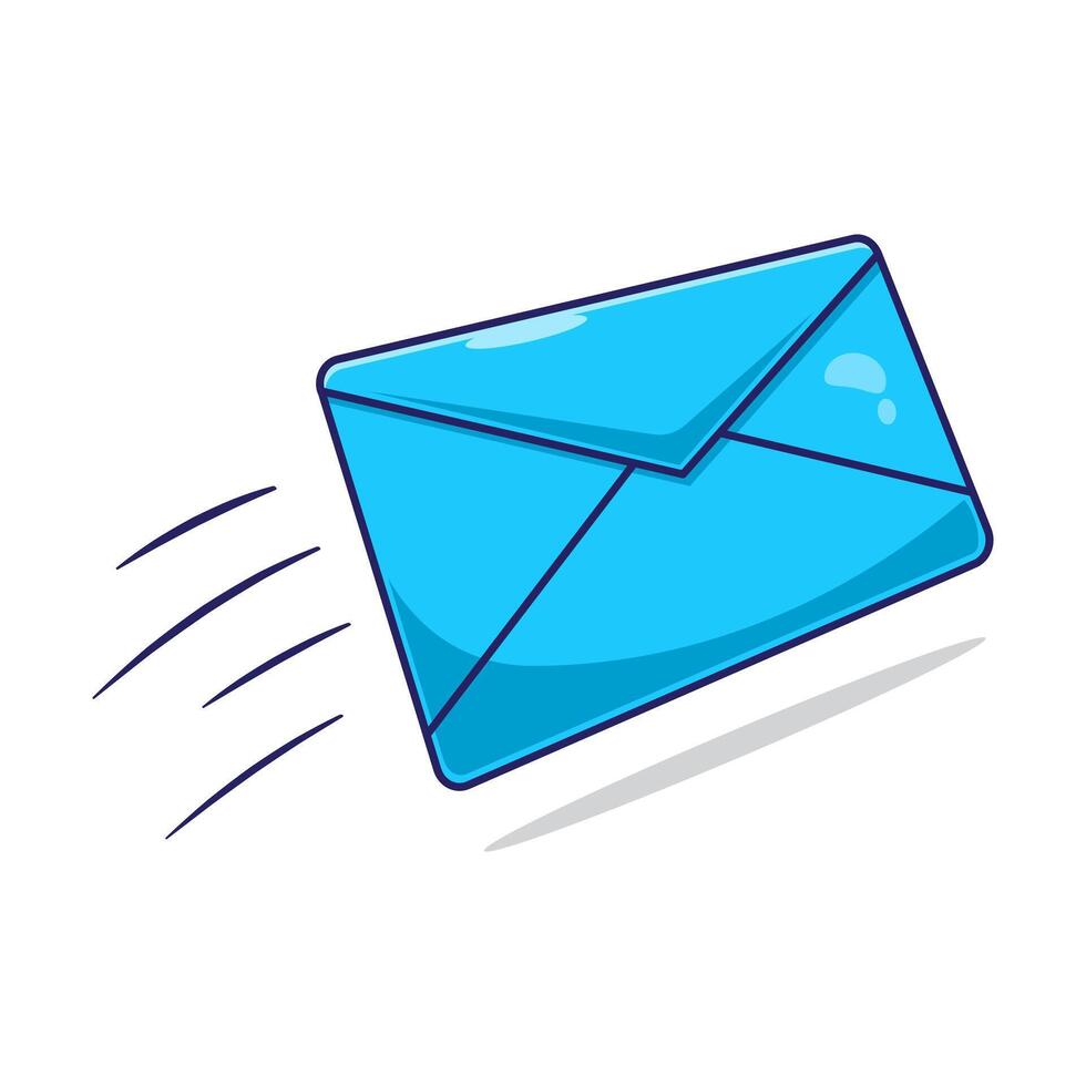 Illustration cartoon of floating blue sending message envelope isolated on white background with cartoon flat design concept vector