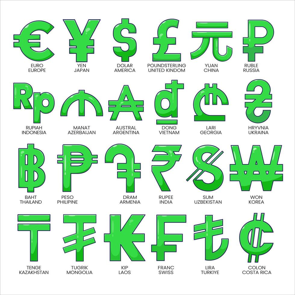 Flat cartoon illustration of currency symbols collection with the name inside suitable used for web, apps, and others vector