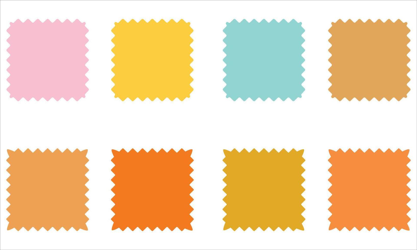 Set of eight colorful fabric swatches with zigzag edges on white background, featuring pastel and warm tones including pink, yellow, aqua, orange, and brown shades. vector