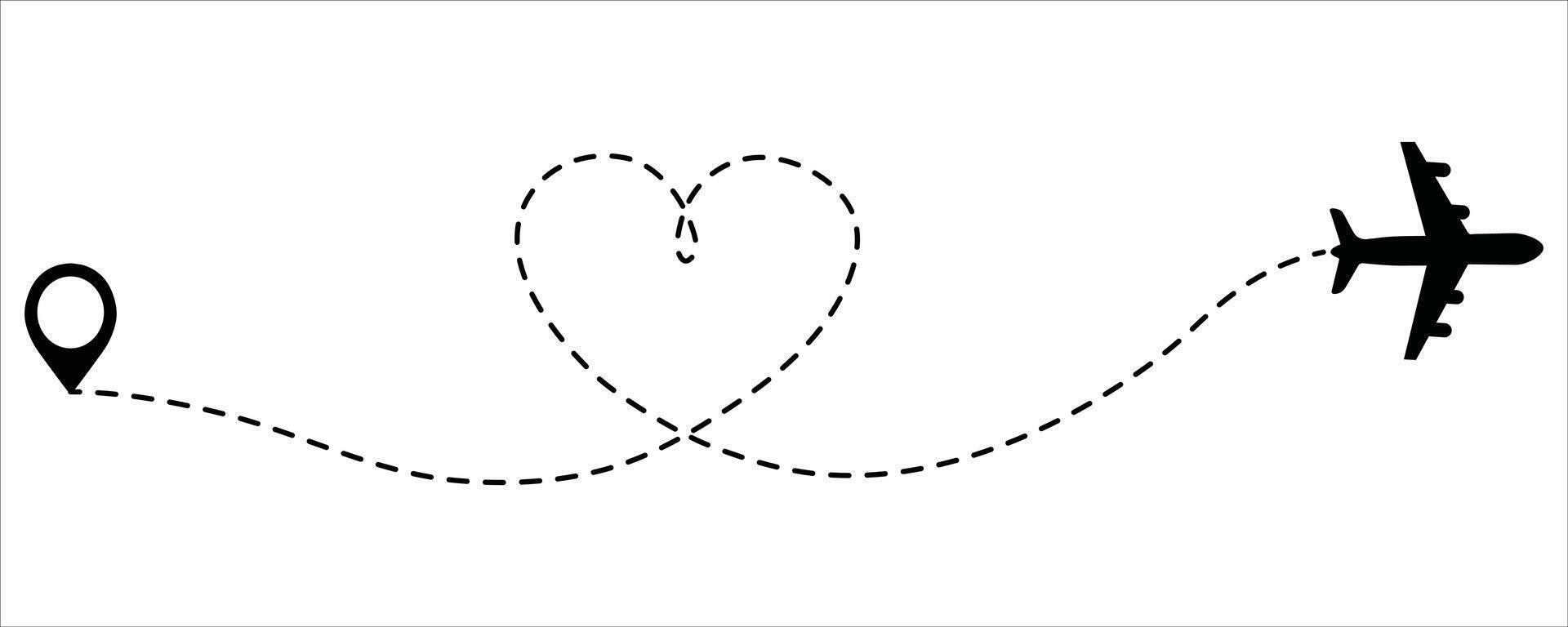 Airplane flight path in heart shape romantic travel, love journey illustration. vector