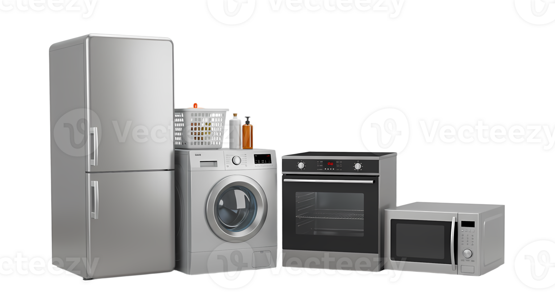 A group of appliances including a refrigerator, oven and washer png