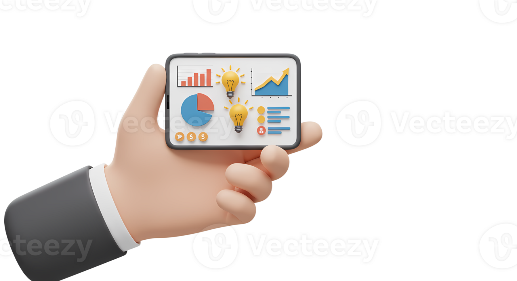 A hand holding a tablet with business graphs on it png
