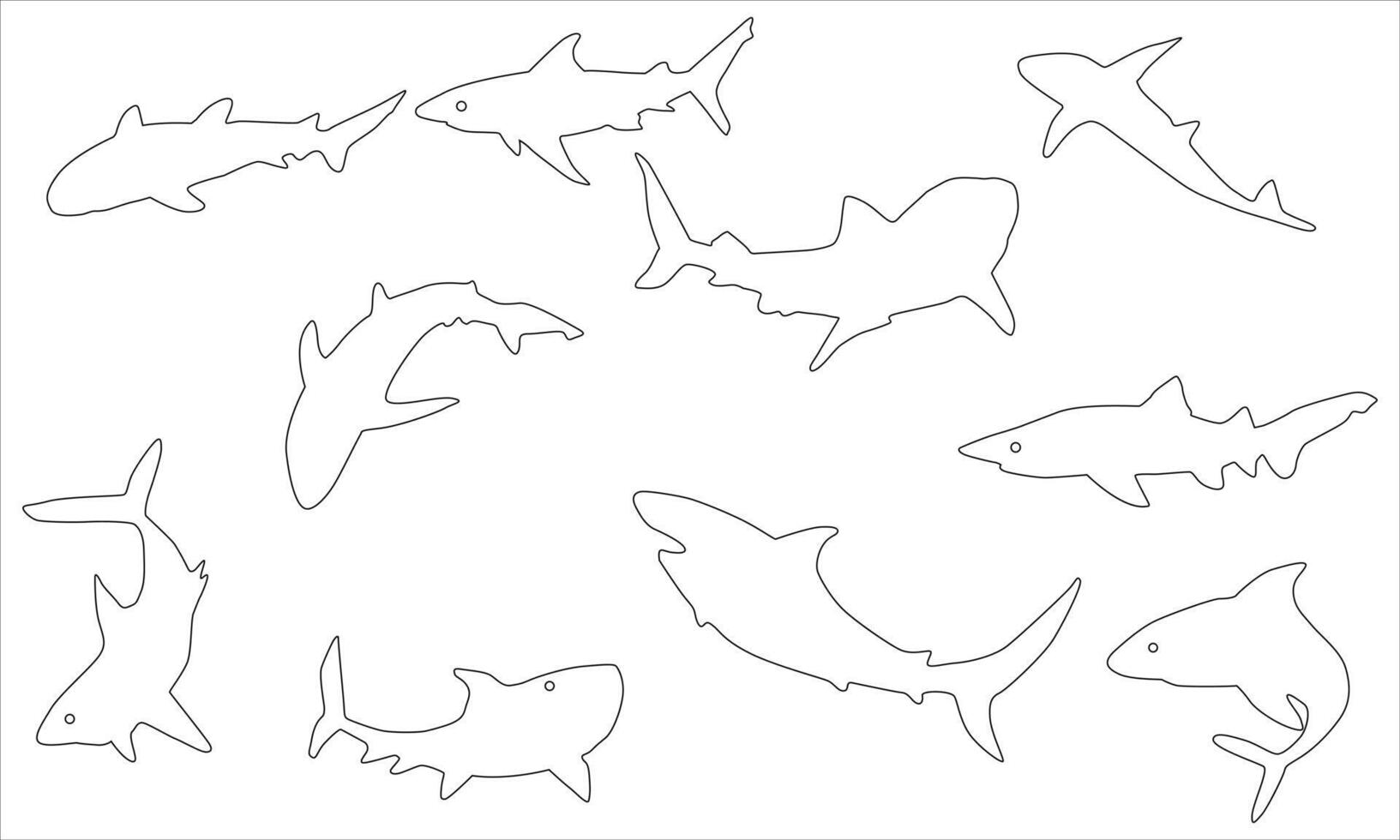 Shark line art, shark silhouette outline set vector