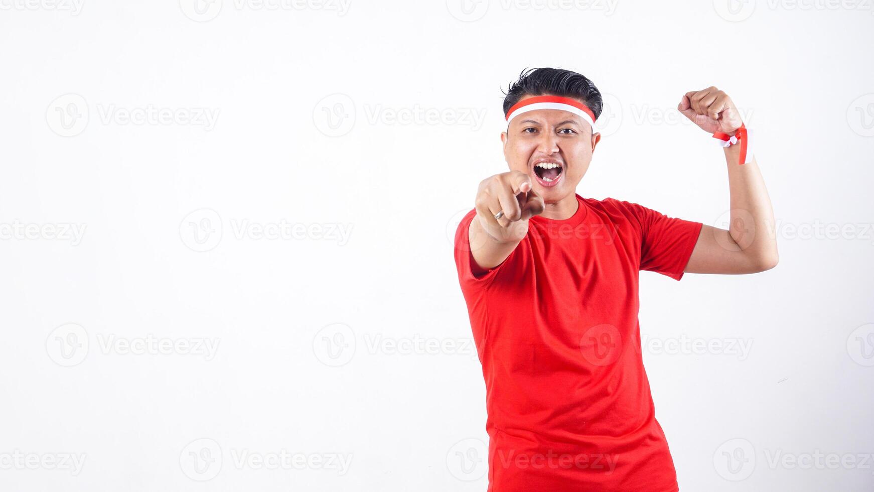 Indonesian citizen with red and white ribbon wristband celebrate independence day of Indonesia on August 17 isolated on white background photo